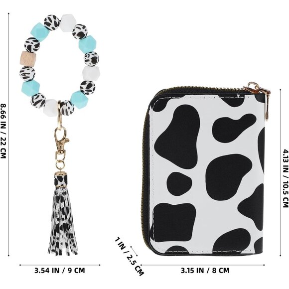 Cow Print Card Wallet with Keychain Set Fashionable PU Leather Women - Picture 5 of 9